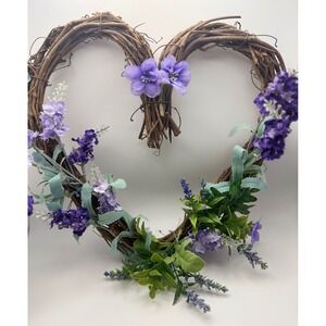 Heart Shaped Grapevine Wreath Purple Lavender Faux Floral Rustic Home Decor